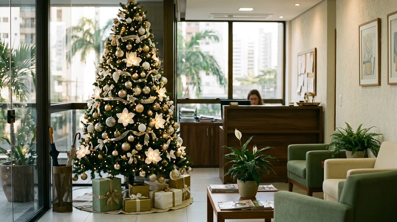 Árvore de Natal estilo clássico em dourado e branco numa sala de espera corporativa
