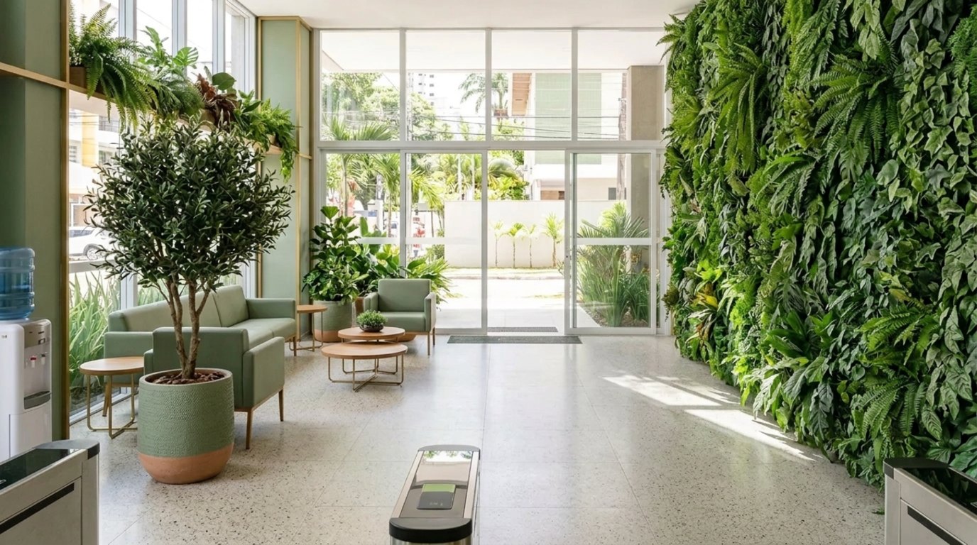 Recepção corporativa com oliveira em vaso e parede verde de folhagem artificial
